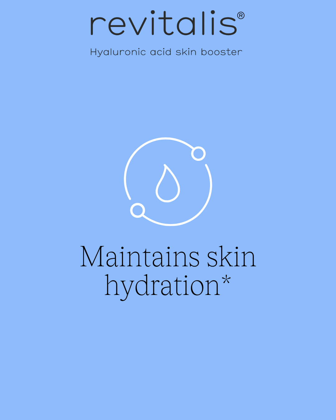Blue graphic promoting revitalis hyaluronic acid skin booster, featuring a water droplet icon and text 