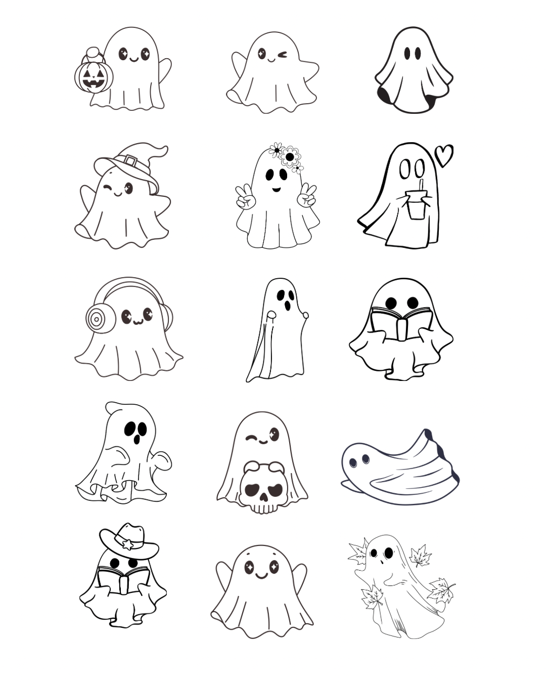 Collection of cartoon ghost illustrations with varying expressions and accessories.