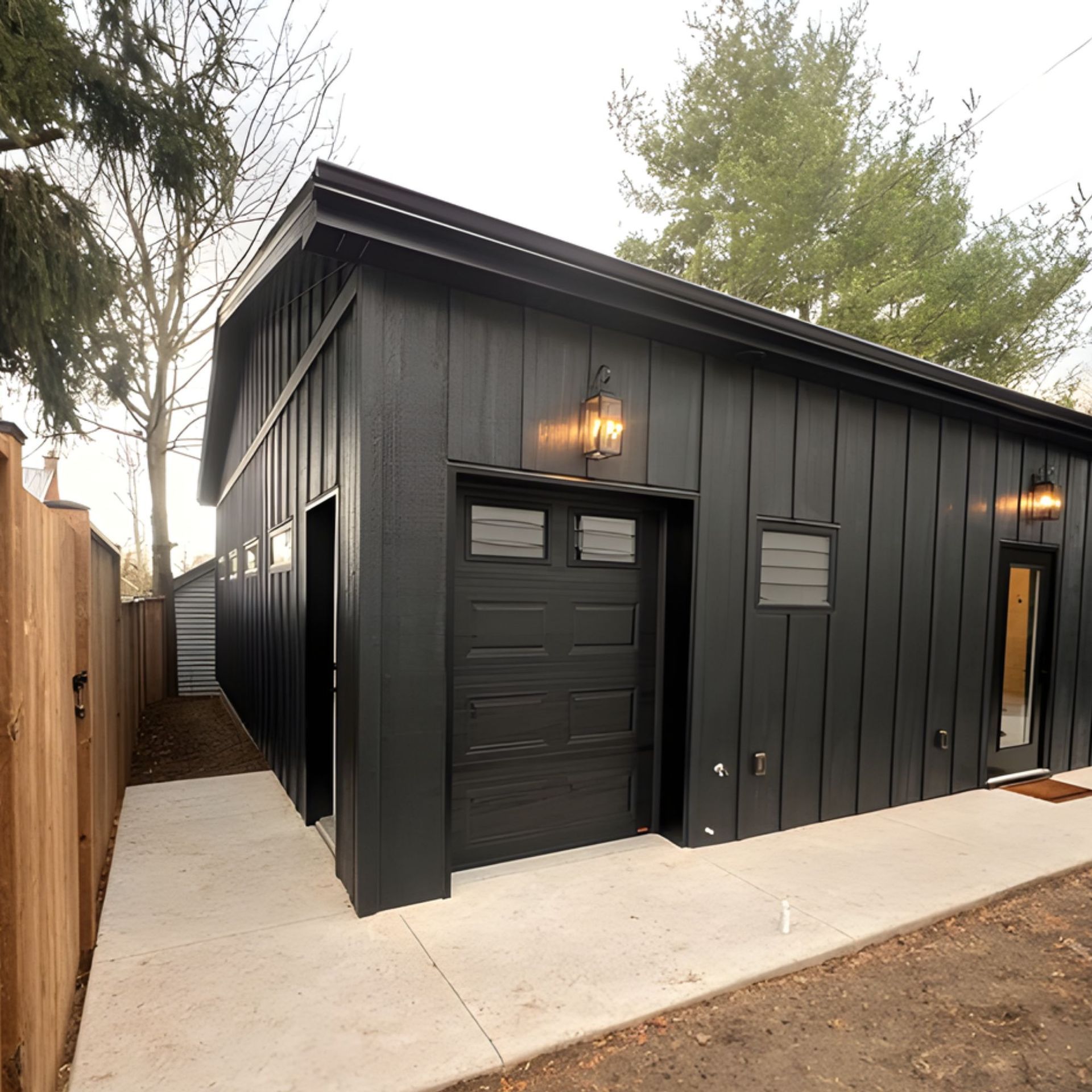 Black modern garage with a concrete walkway, black door, and side entrance.