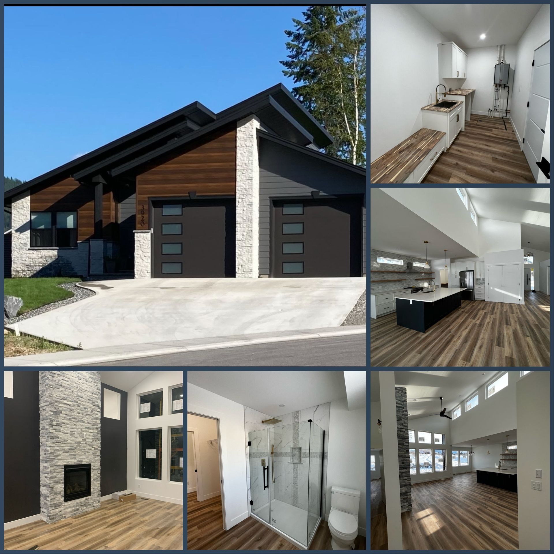 A collage of pictures of a house with a garage