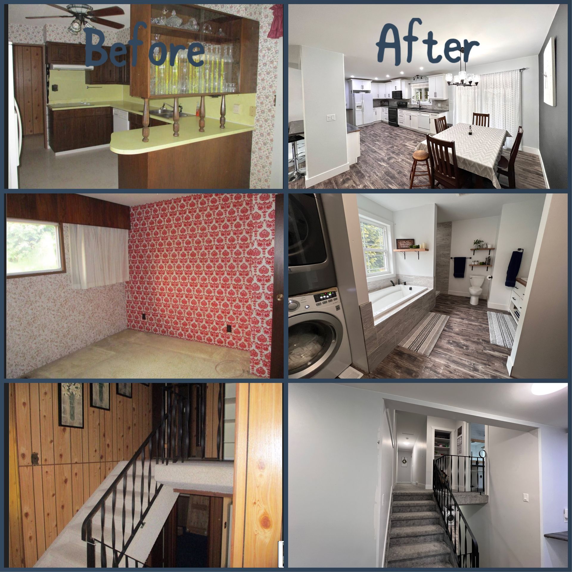 A collage of before and after pictures of a house
