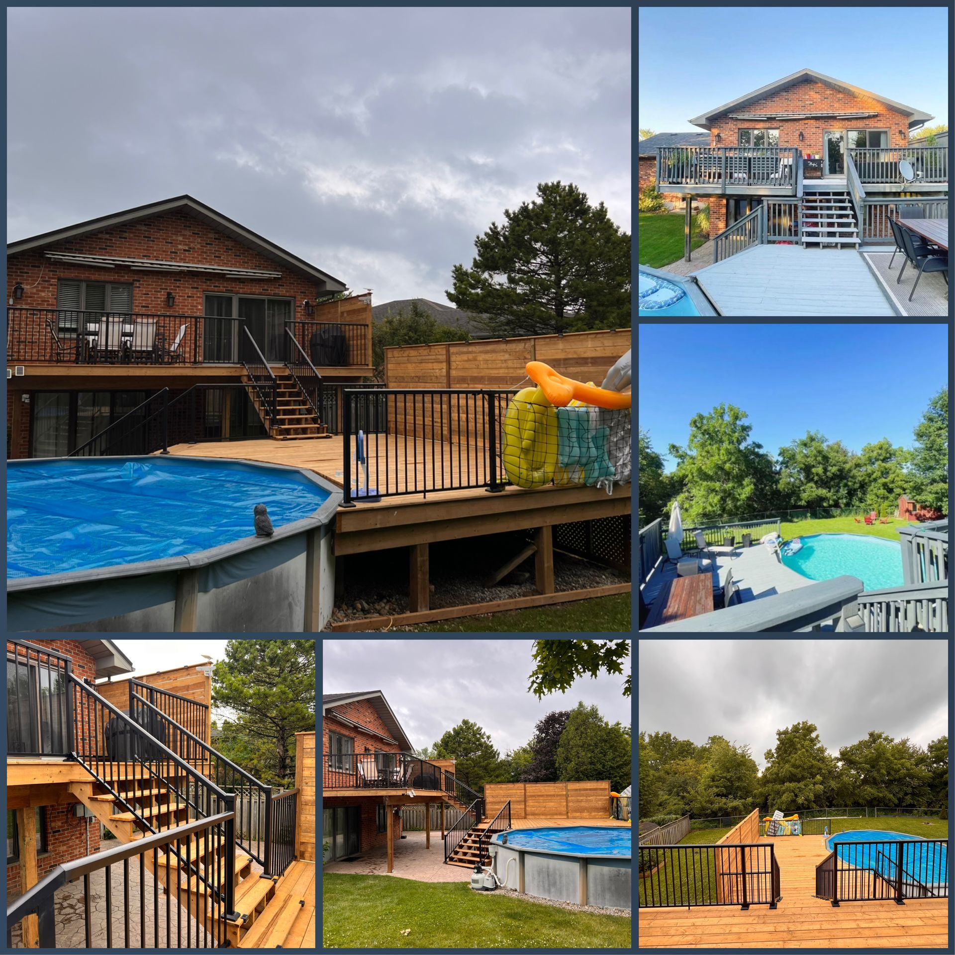 A collage of pictures of a house with a pool