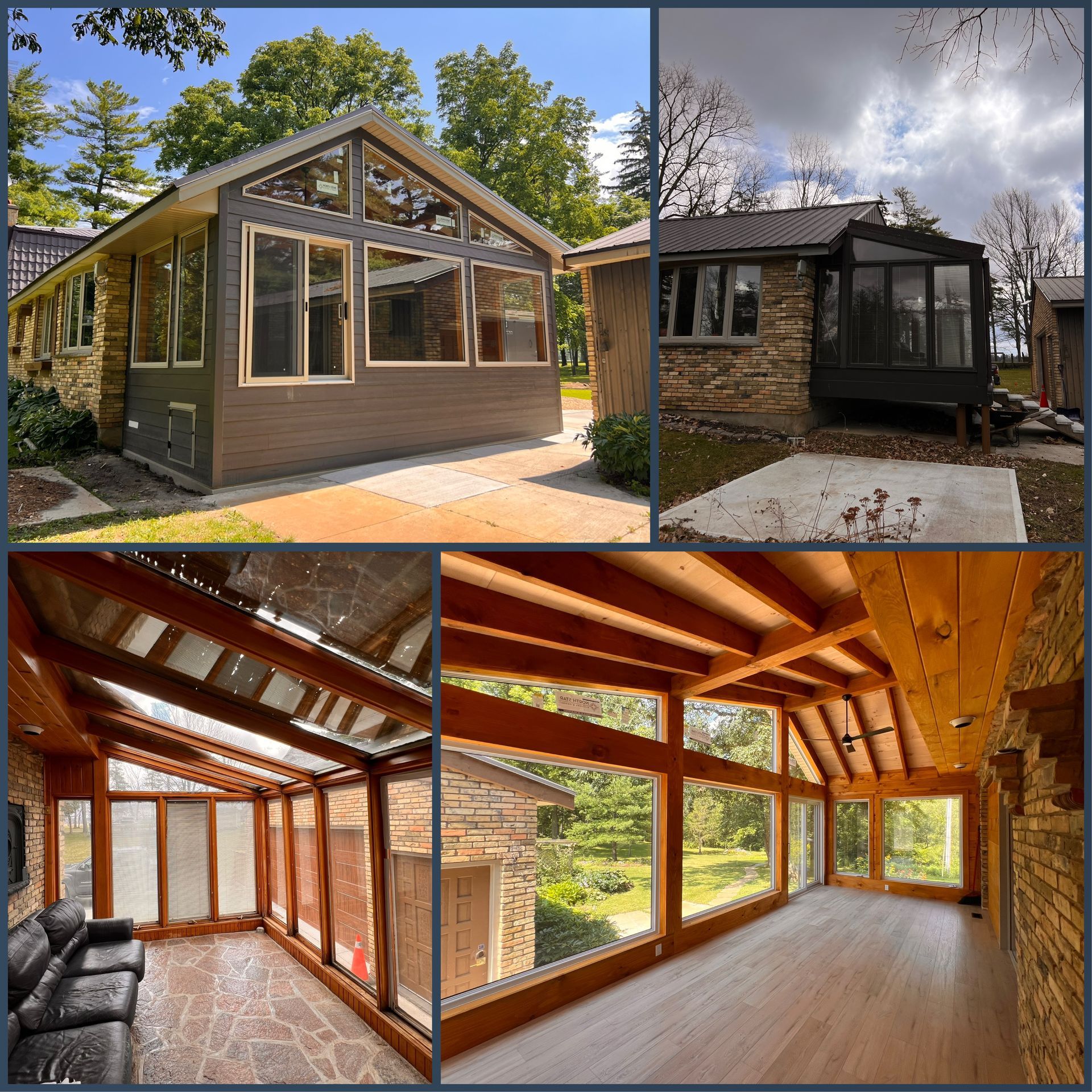 A collage of pictures of a house with lots of windows