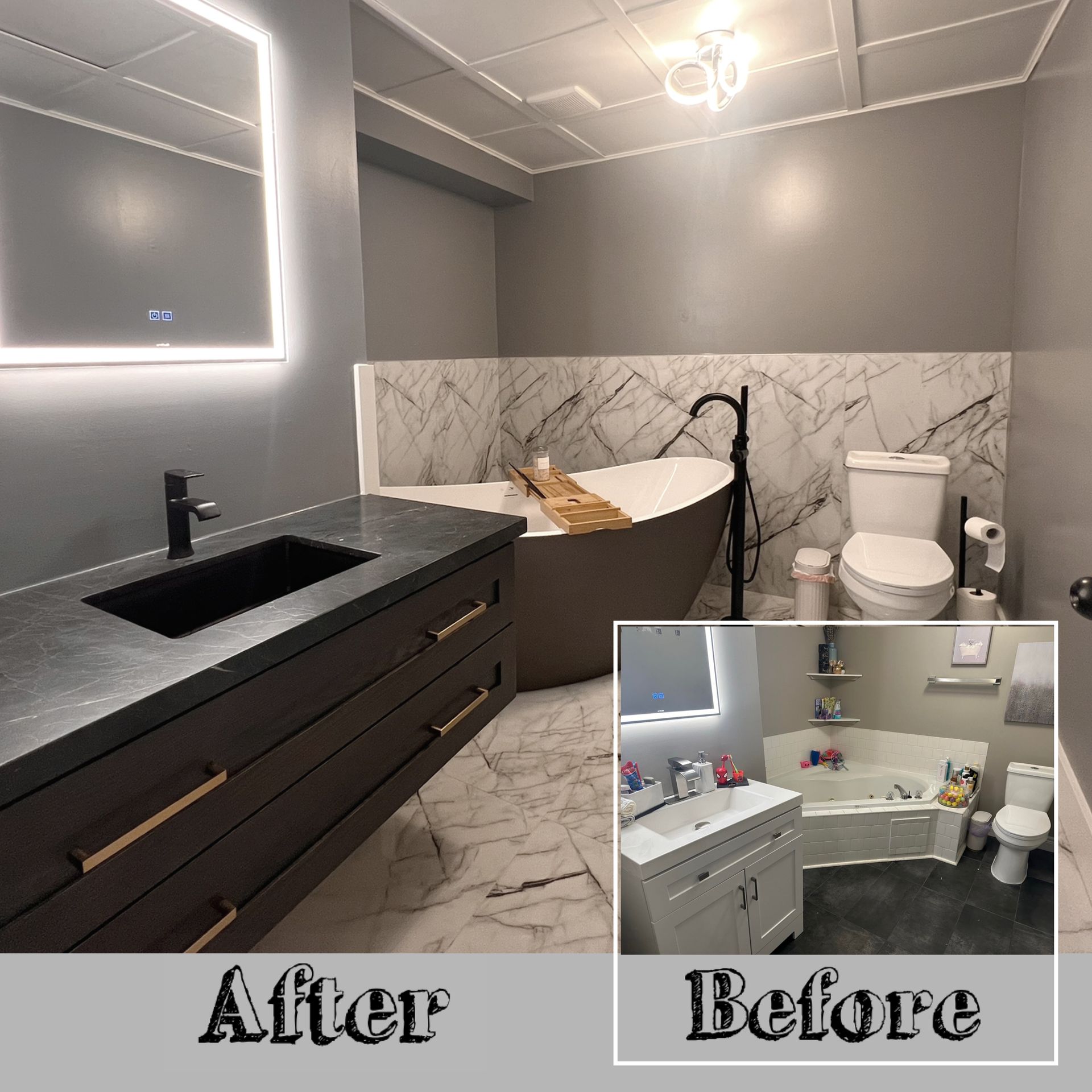 A before and after photo of a bathroom