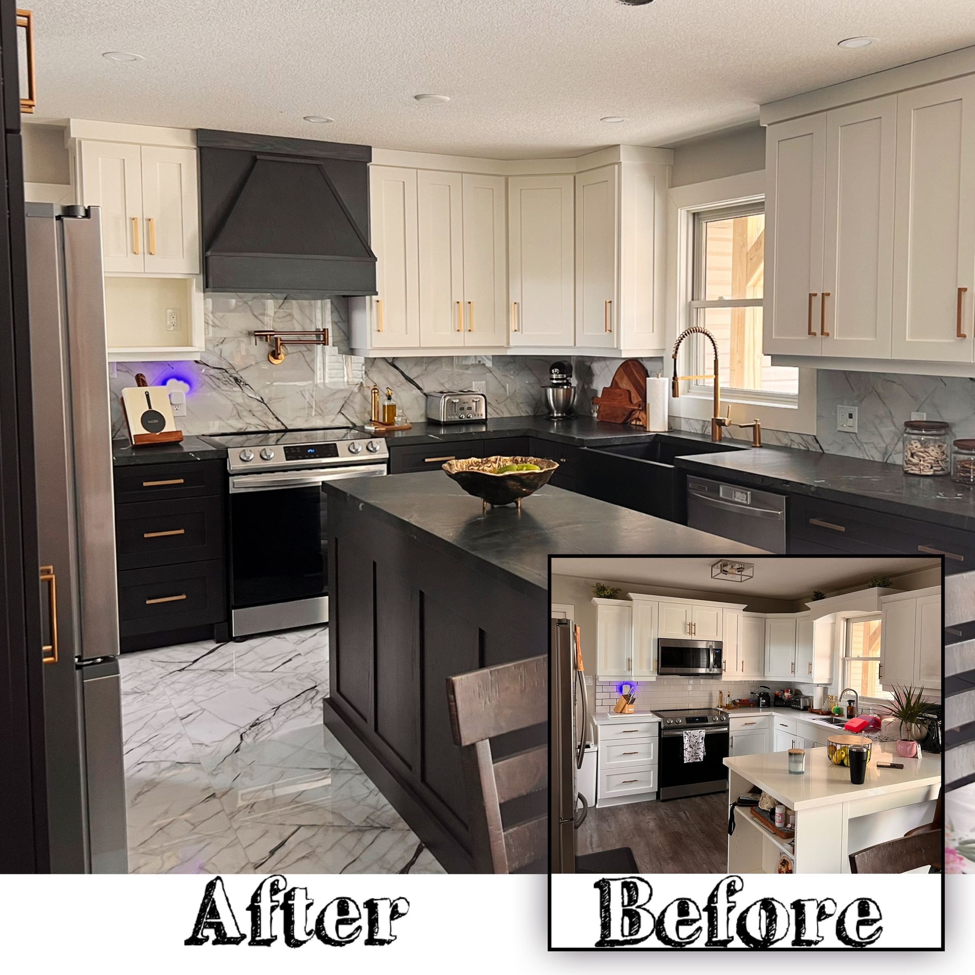A before and after photo of a kitchen with black cabinets