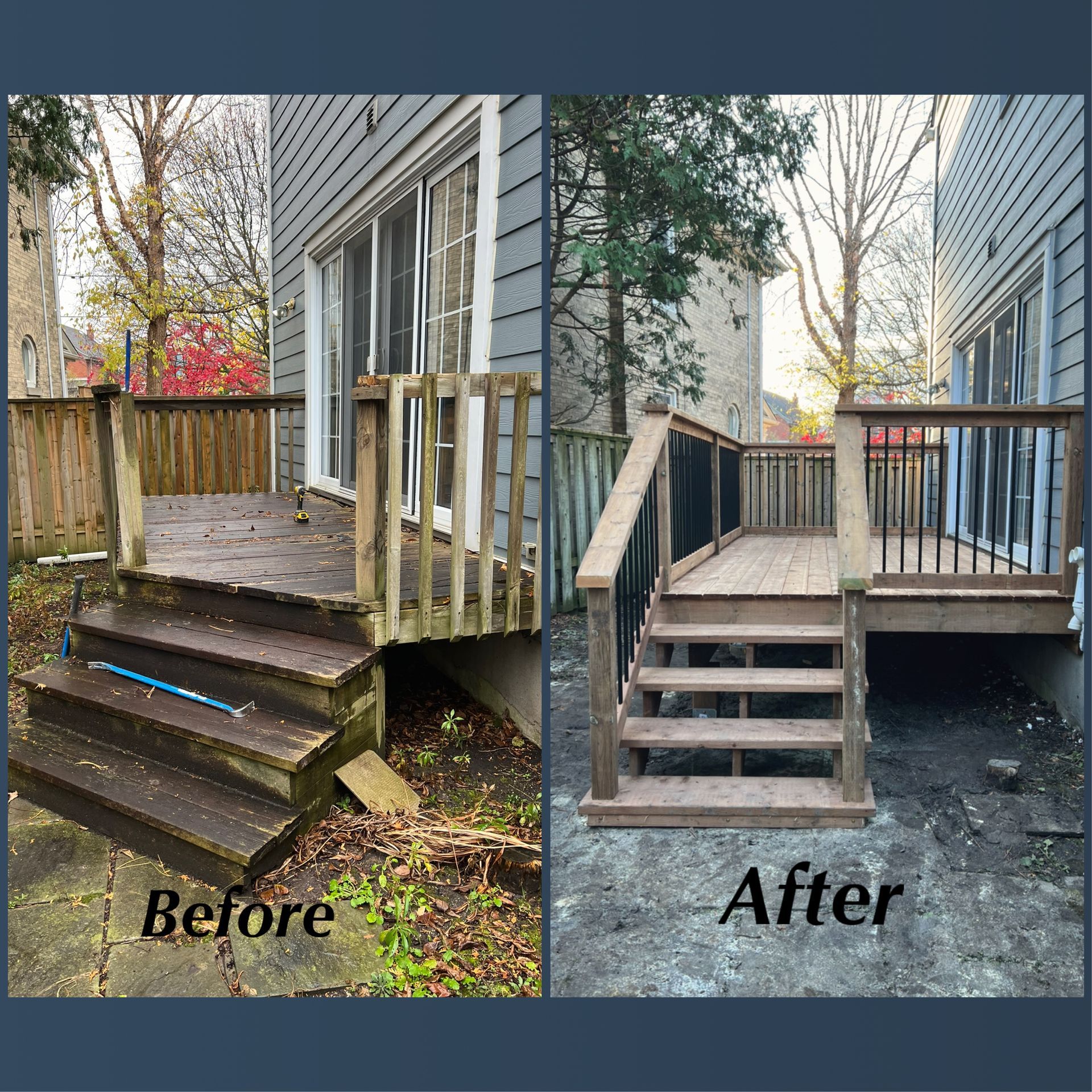 A before and after picture of a wooden deck
