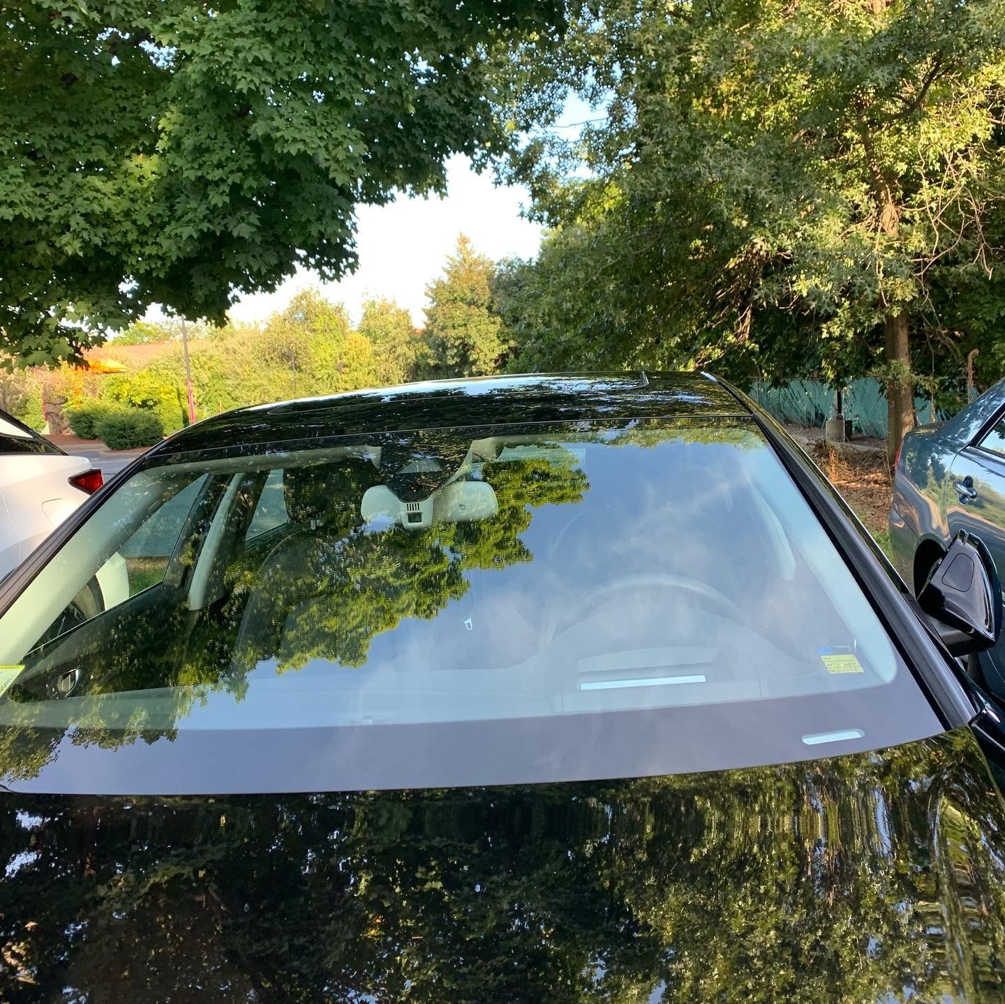 A black car is parked in a parking lot with trees in the background