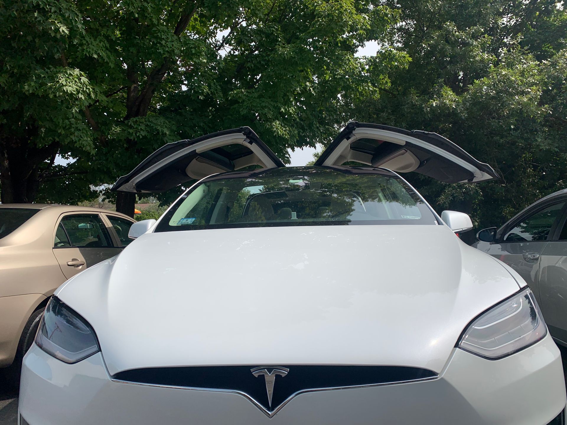A white tesla model x is parked in a parking lot with its doors open.
