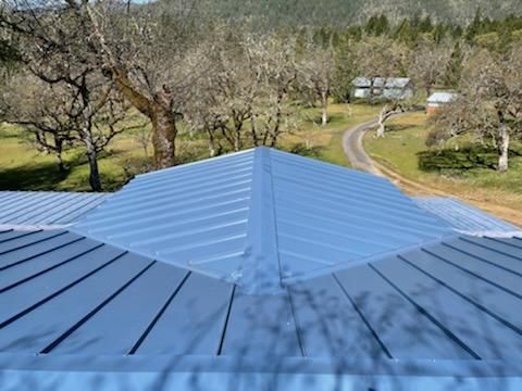 A view of a roof with trees and a road in the background