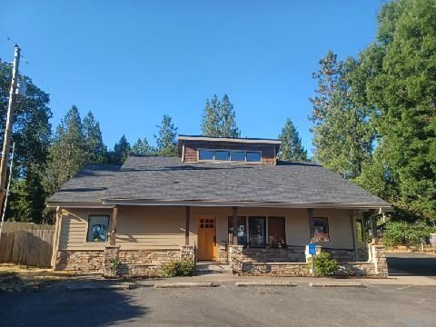 A house with a gray roof is surrounded by trees