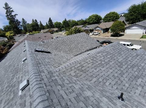 A high-angle view of a grey shingled residential roof with vents, overlooking a suburban neighborhood street.
