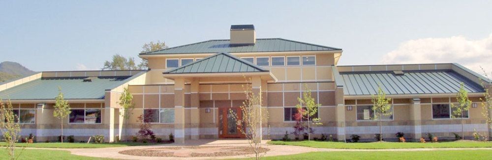 A large house with a green roof and a lot of windows