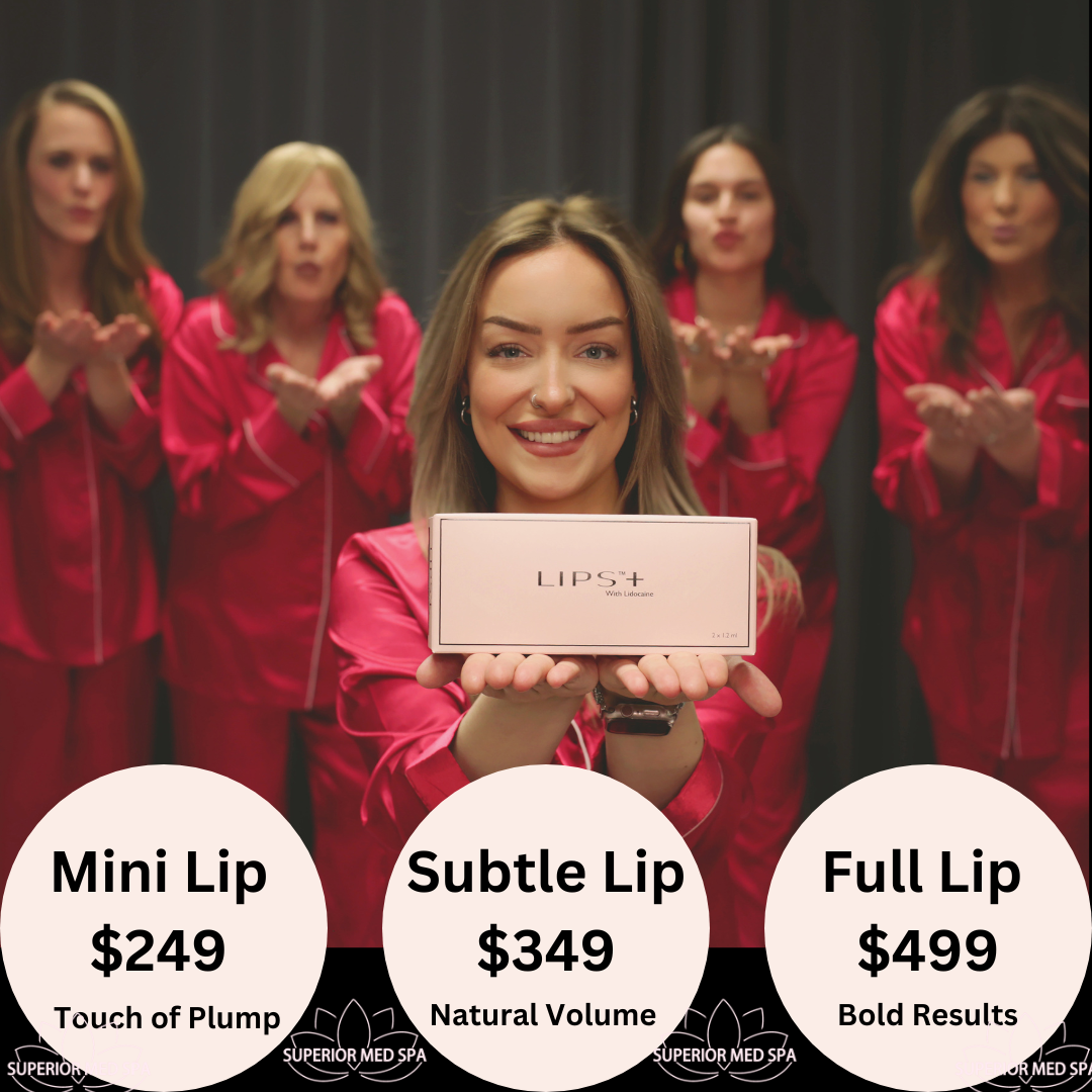 Women in red pajamas blowing kisses, promoting lip filler services with prices: Mini Lip $249, Subtle Lip $349, Full Lip $499.