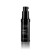 Black bottle of facial serum with a pump top, on a white background.