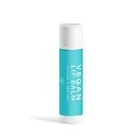 A teal and white vegan lip balm tube standing upright against a white background.