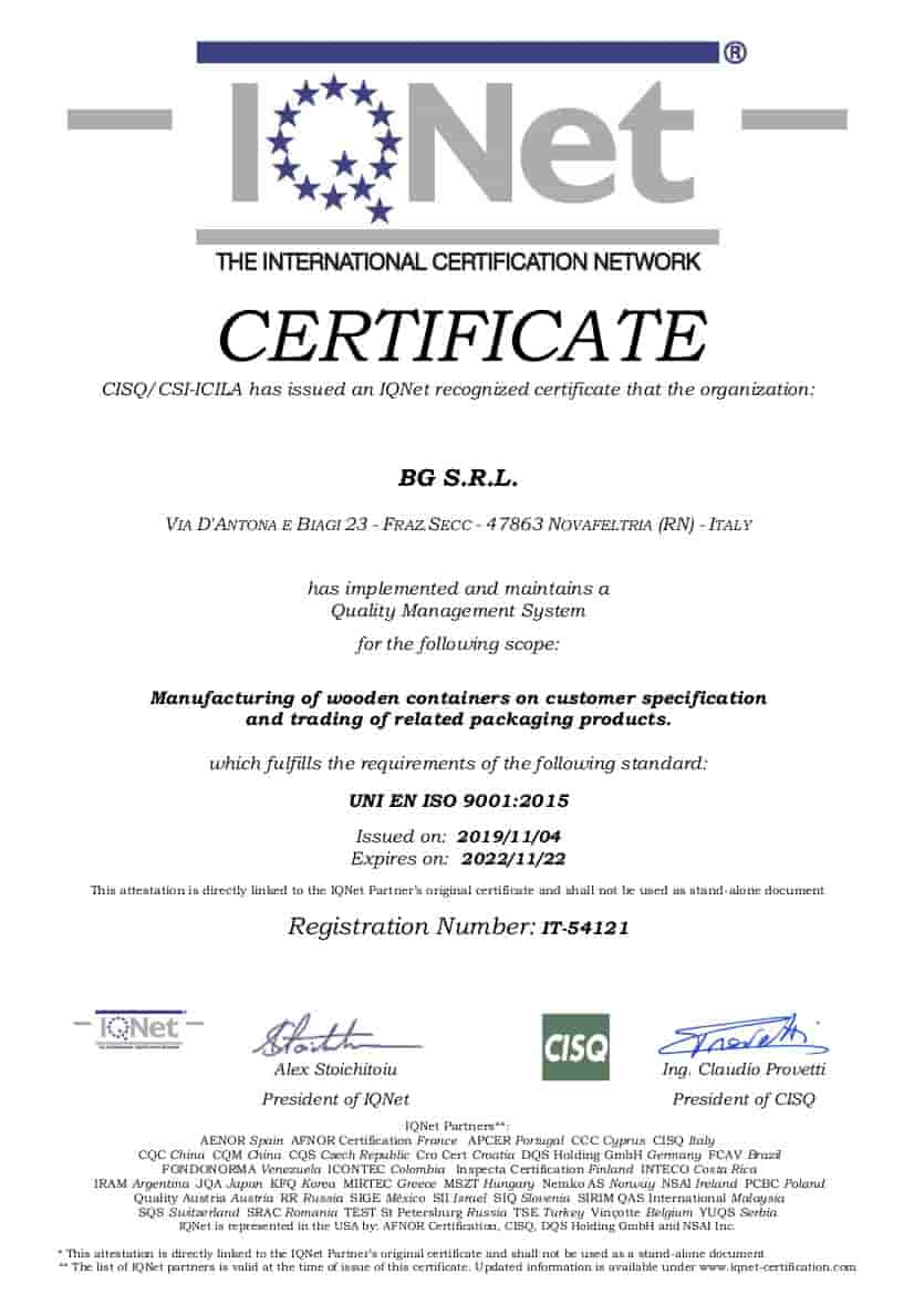 certificato IQ Net - BG Imballaggi