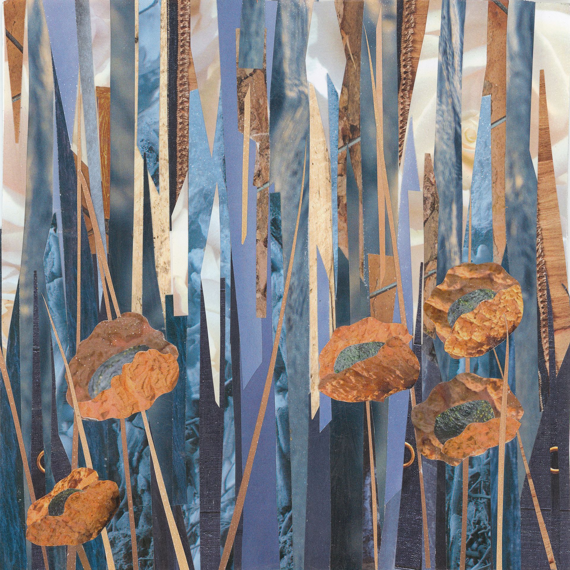 Abstract collage of tall, vertical blue and brown paper strips, with orange, rock-like forms.