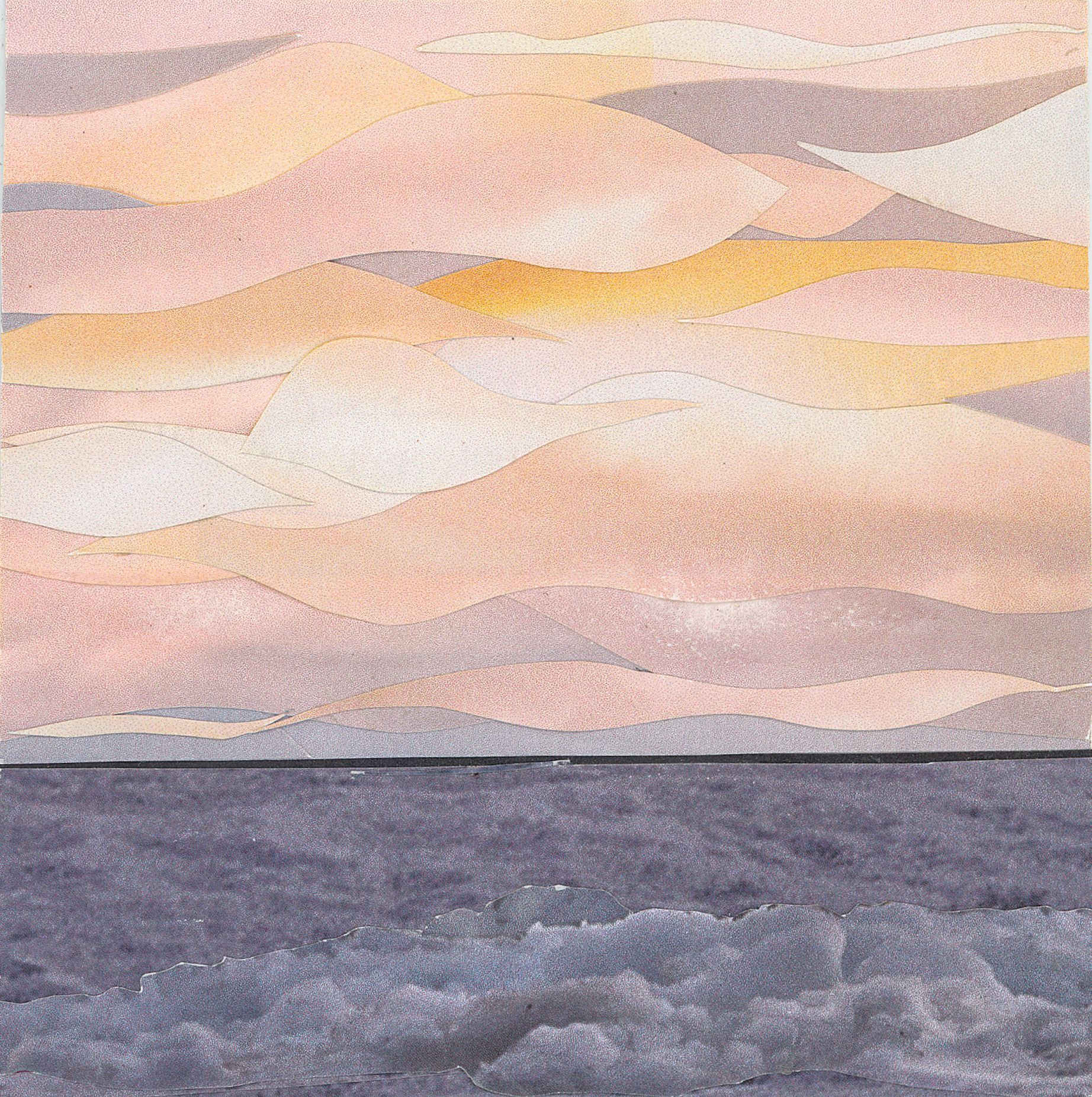 Watercolor depiction of a sunset over water. Sky is pink, orange, and gray; the water is dark blue with whitecaps.