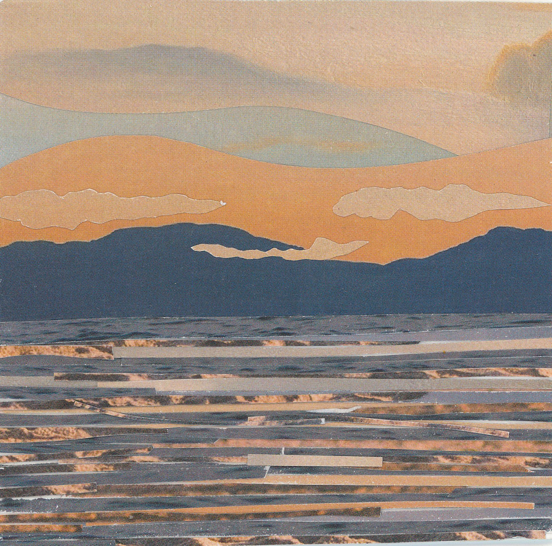 Sunset over ocean, rendered in needlepoint; blue-gray water, navy mountains, orange and tan sky.