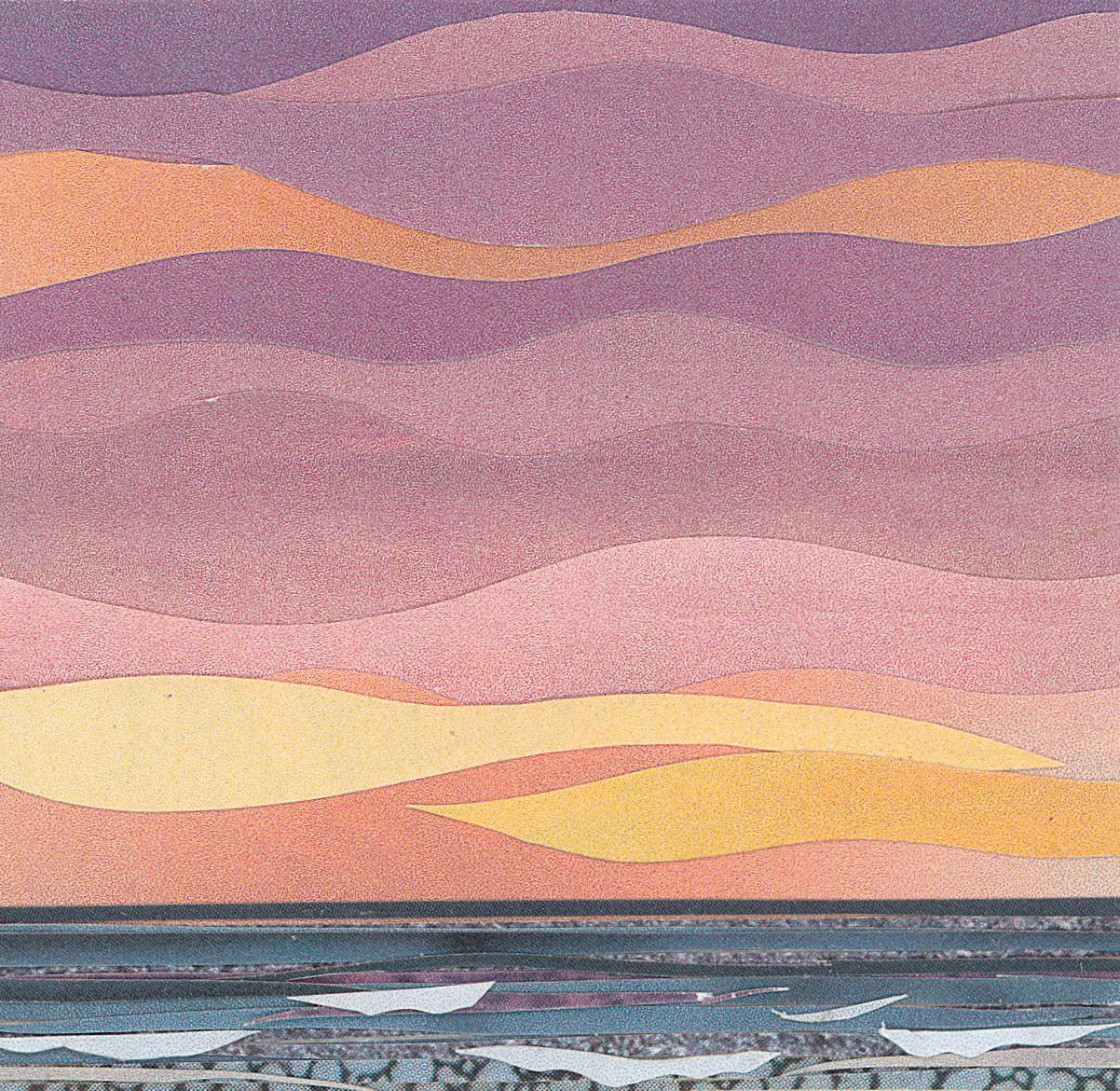 Sunset over the ocean, with undulating layers of pink, purple, and orange hues.