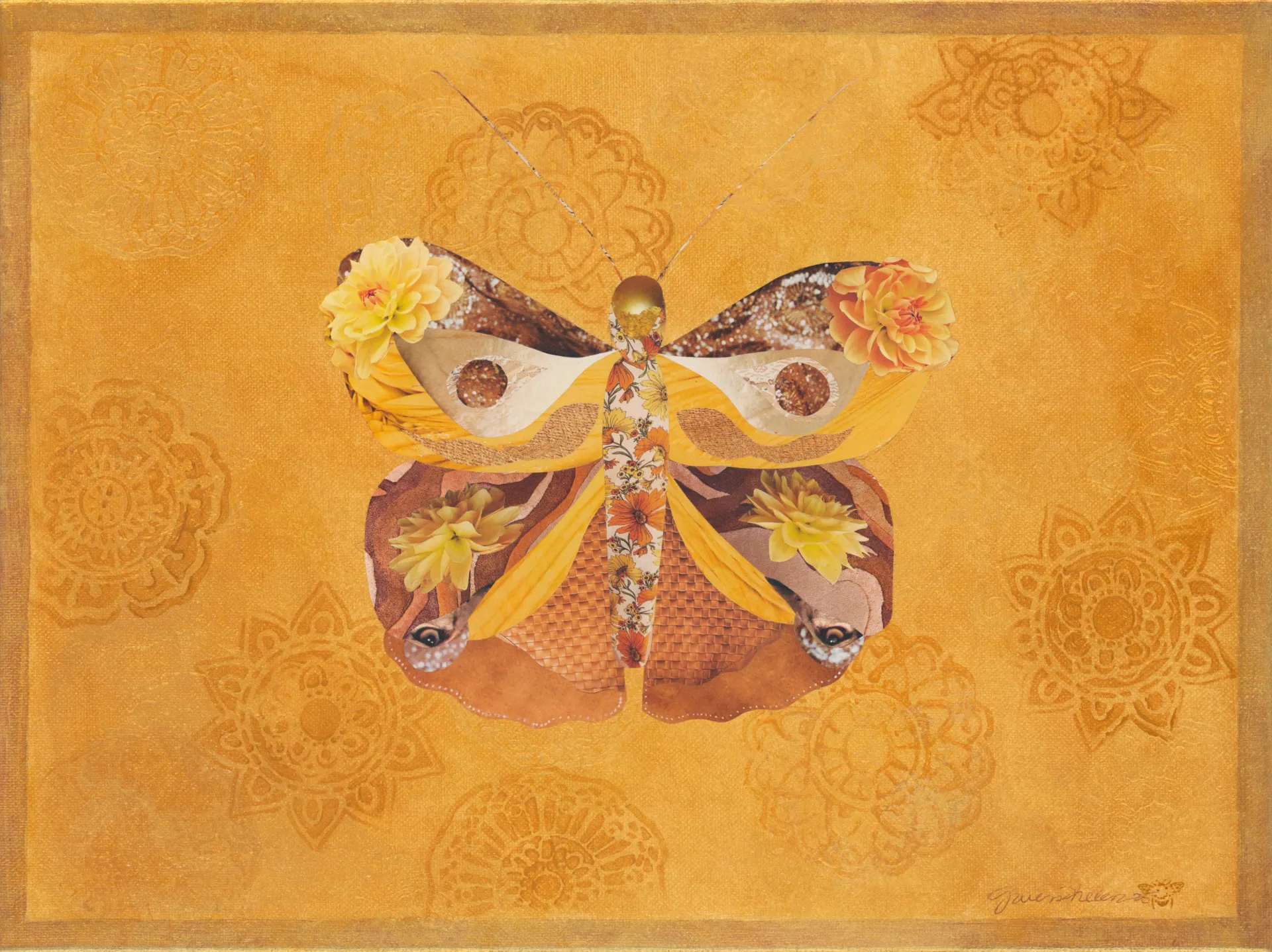 A painting of a butterfly on a yellow background
