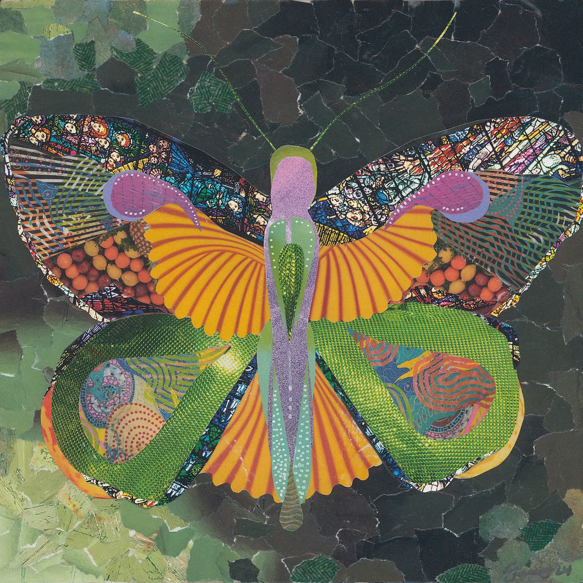 Colorful butterfly collage with patterned wings against a dark green background.