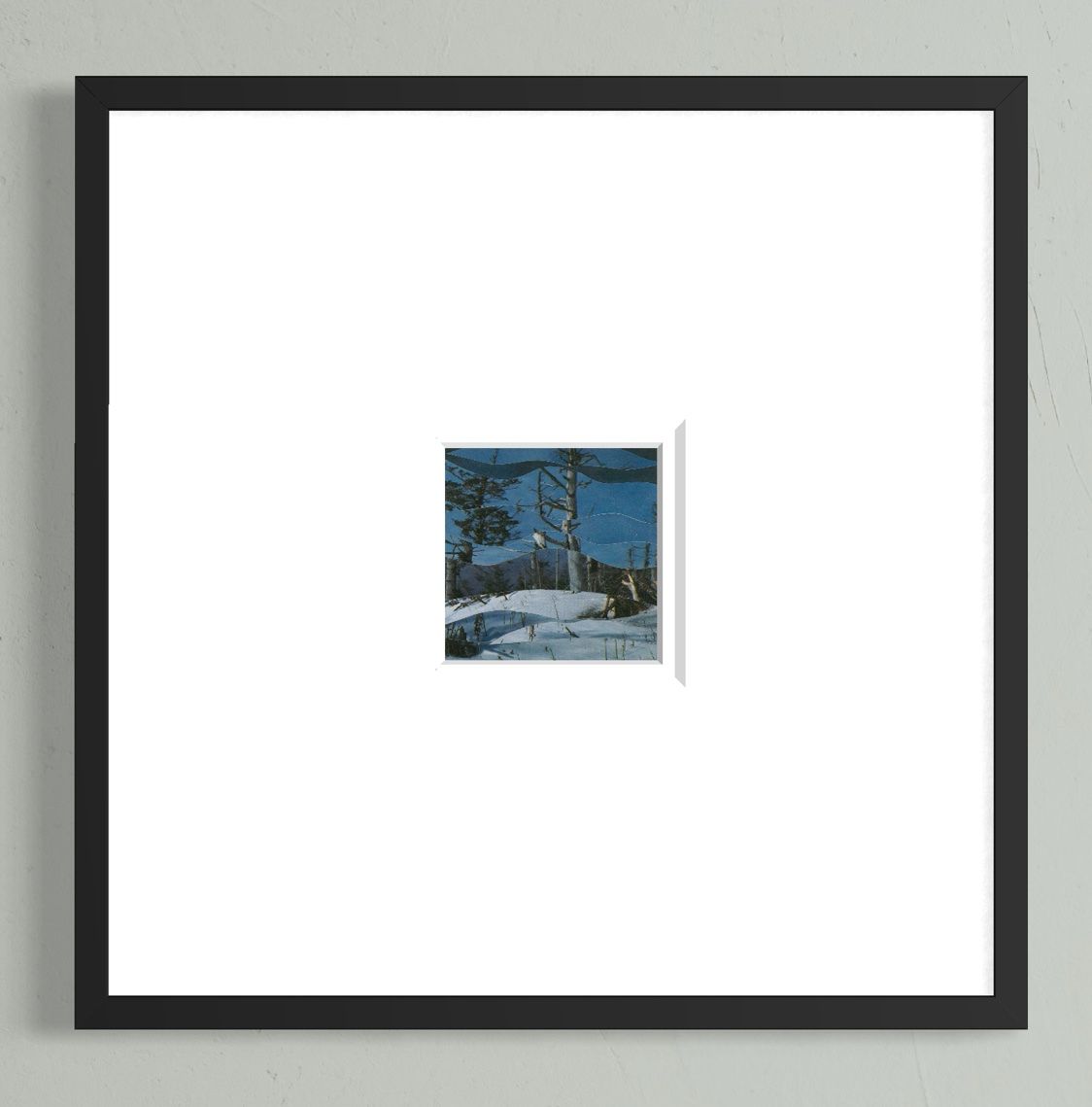 Winter landscape with snow, trees, and a bird perched on a branch under a blue sky.