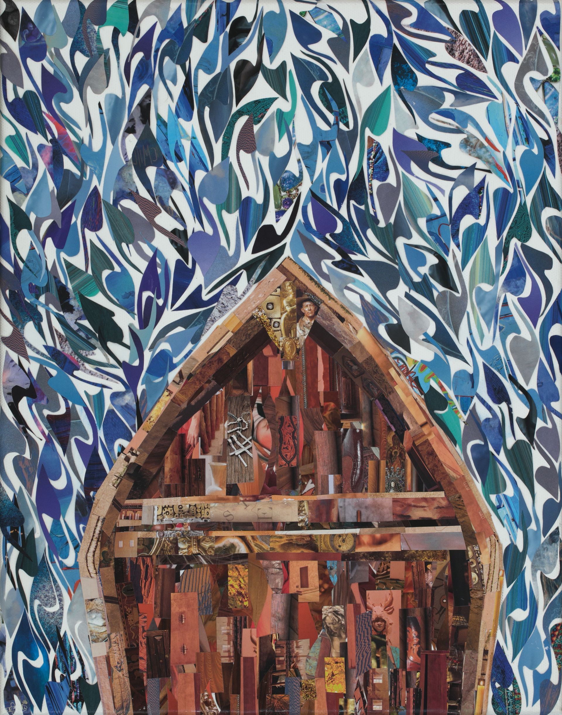 A wooden boat interior collage set against blue leaf-like shapes.