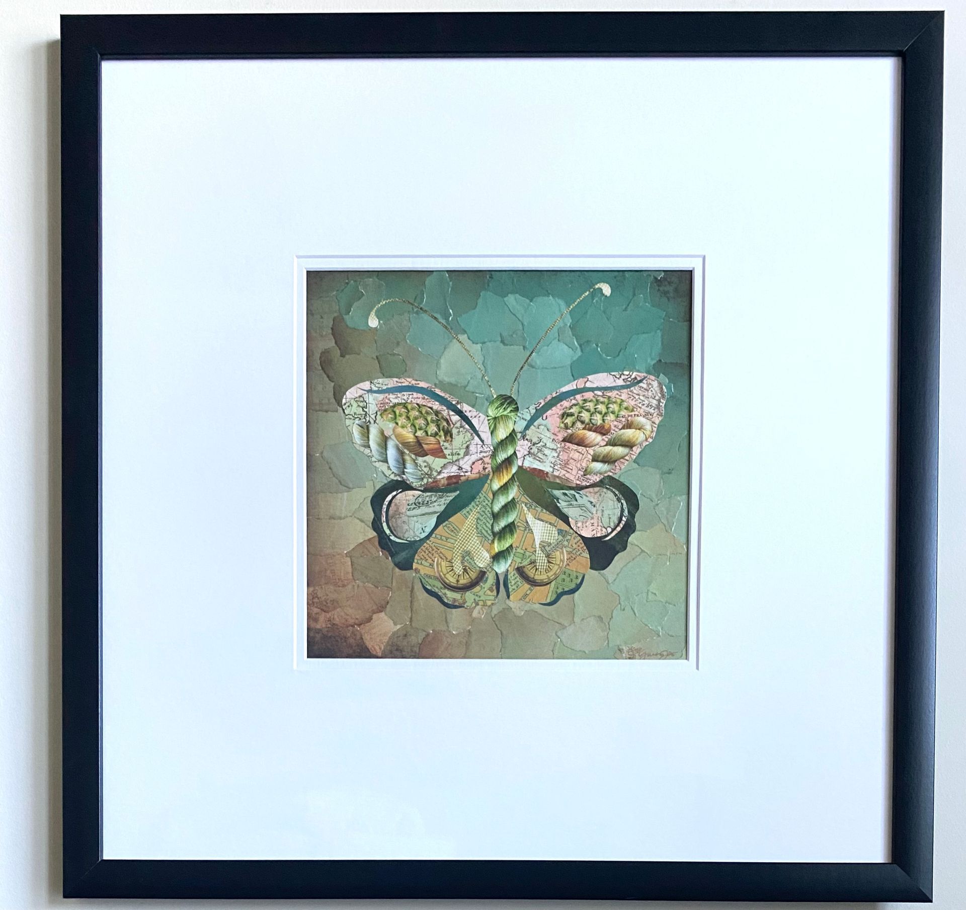 Collage of a butterfly with food images on the wings against a green and brown mosaic background.