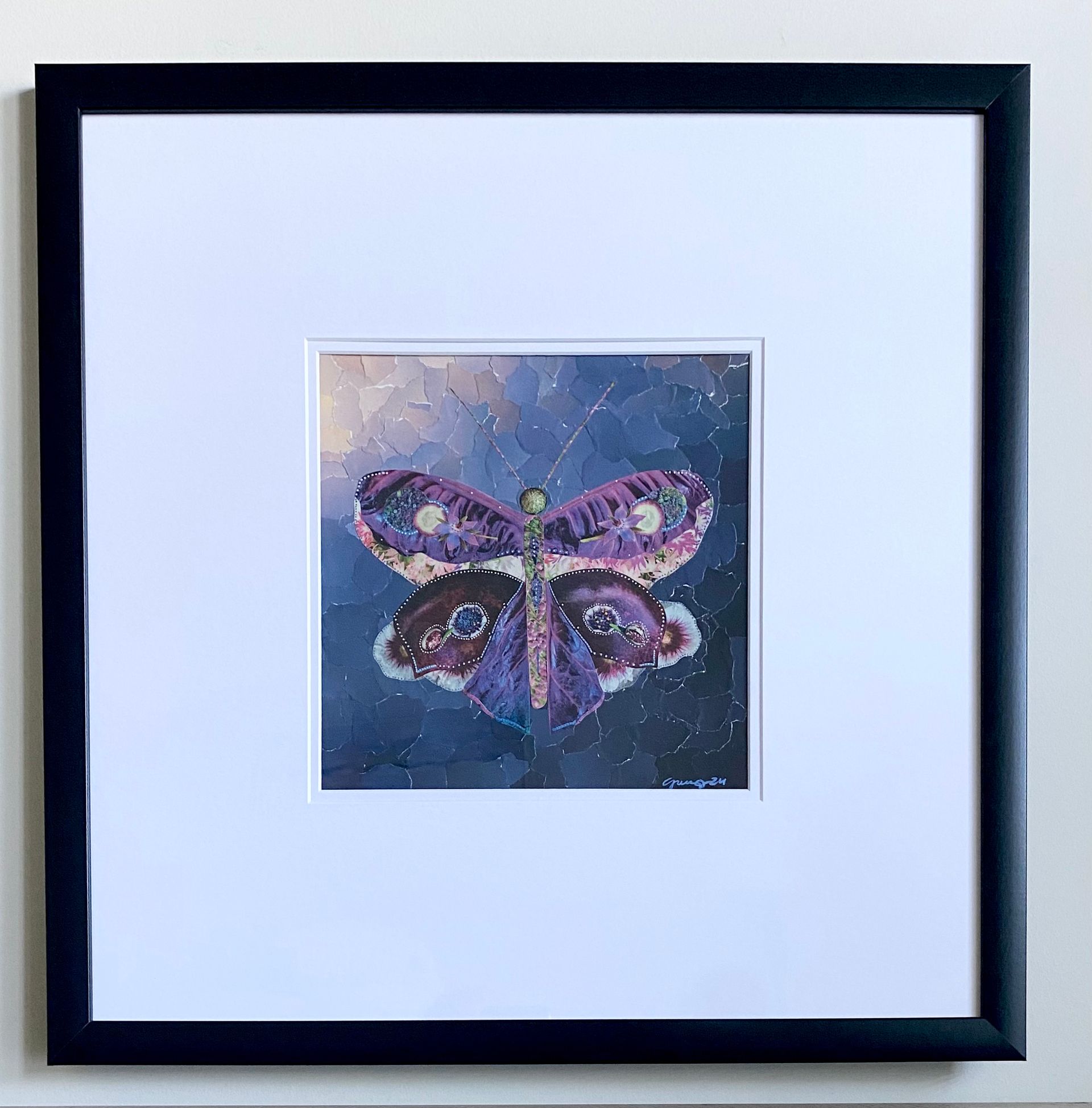 Purple butterfly collage on dark blue background with pink and white details.