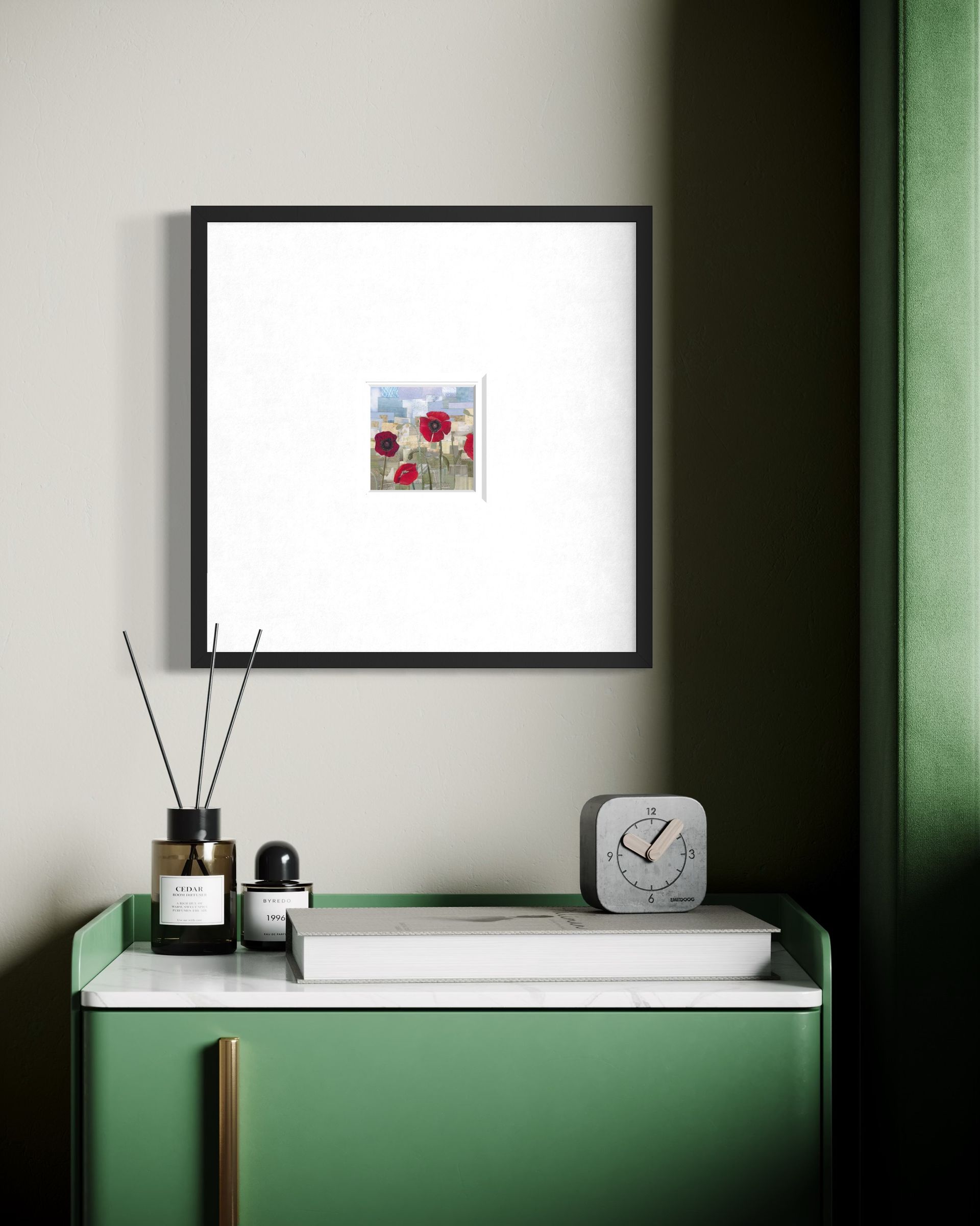 Red poppies in a patchwork field of paper collage, against a light blue sky.