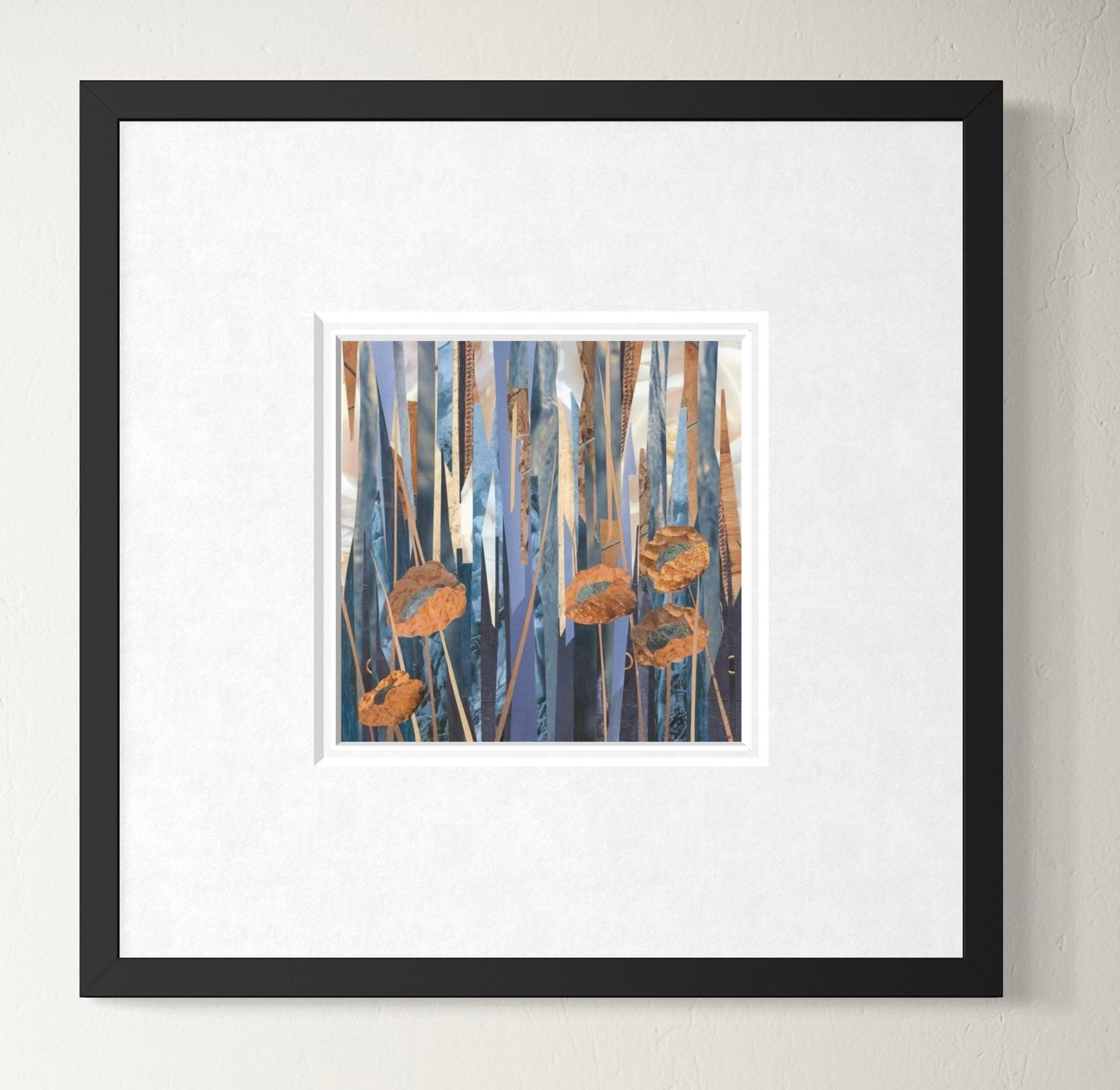 Abstract collage of vertical strips in blue, brown, and beige with orange and green circular shapes.