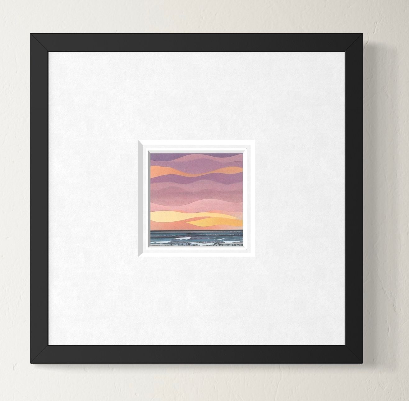 Sunset over the ocean, with undulating layers of pink, purple, and orange hues.