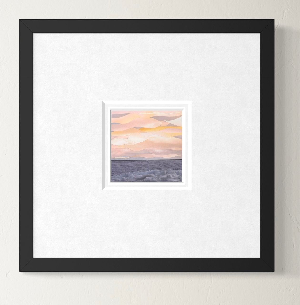 Watercolor depiction of a sunset over water. Sky is pink, orange, and gray; the water is dark blue with whitecaps.