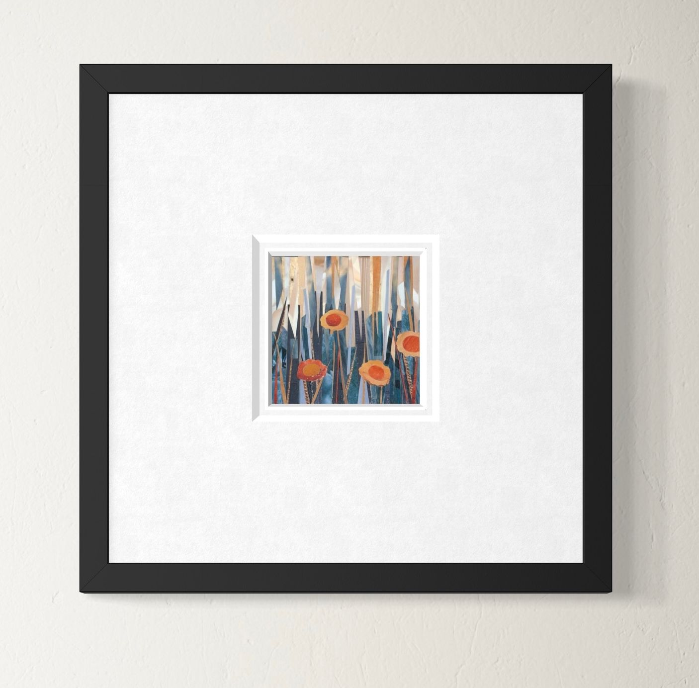 Collage of flowers with orange centers and beige petals amidst layered beige and blue textured strips.