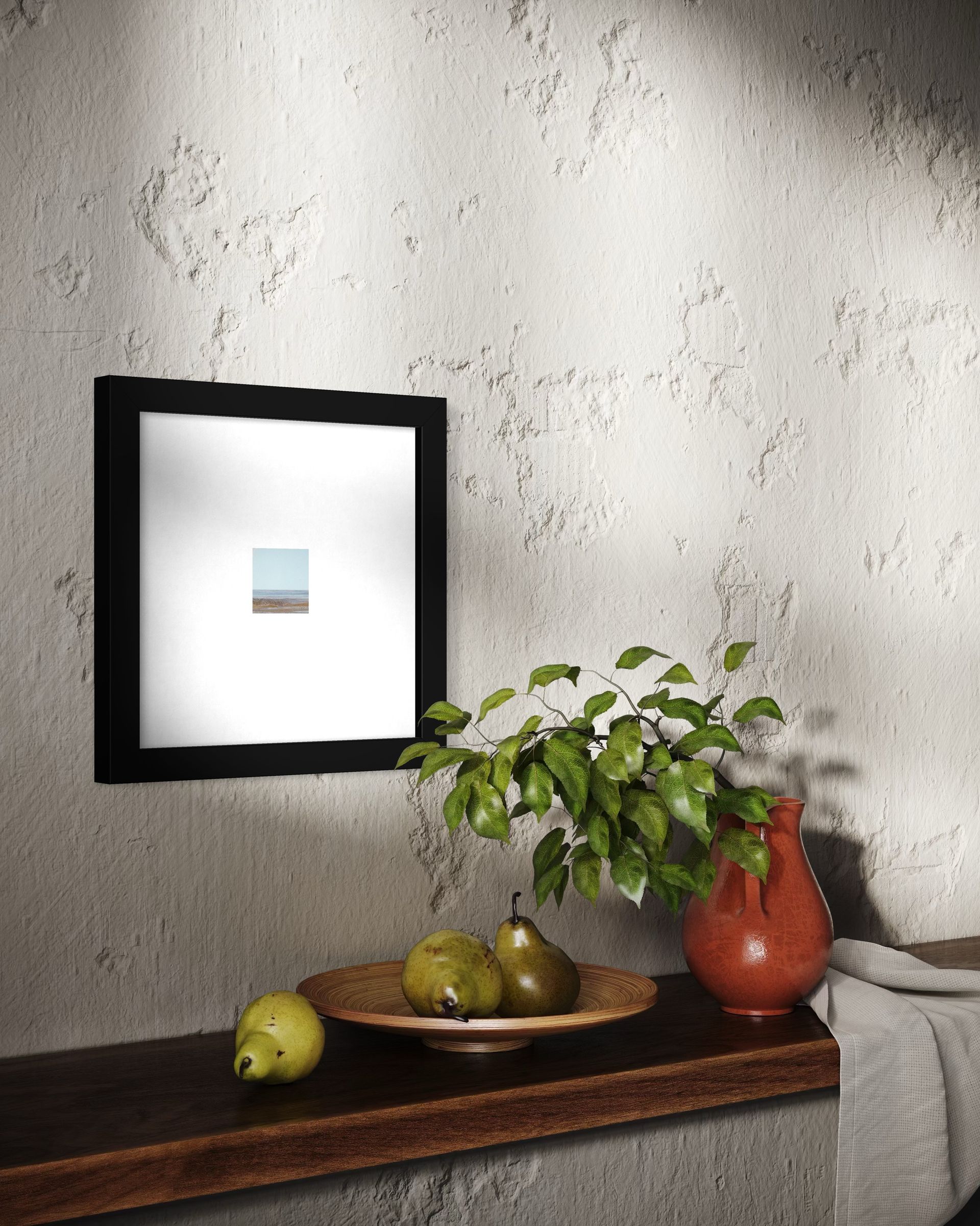 Small framed artwork: tiny landscape scene, blue sky and shoreline, centered on large white matte.