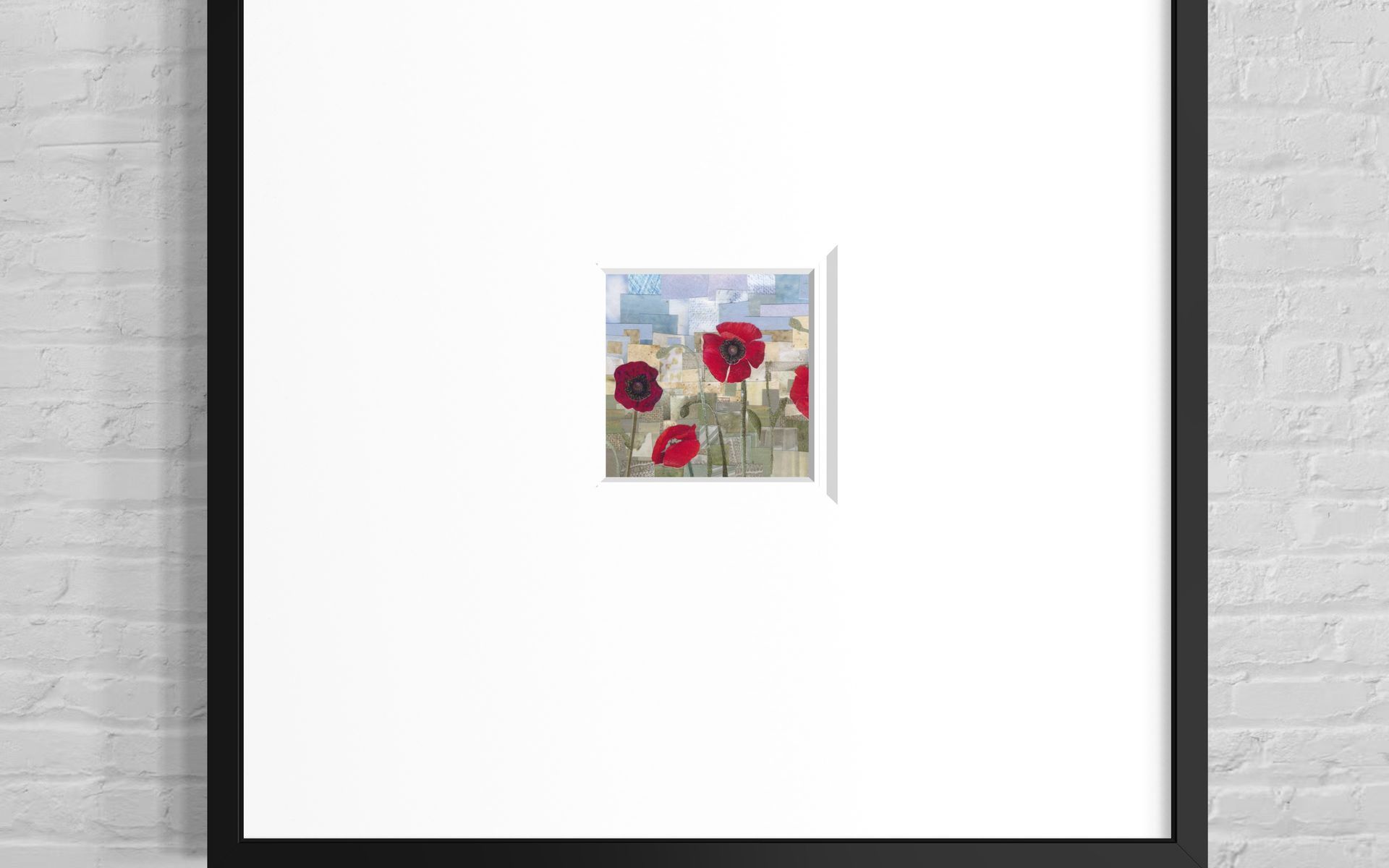 Red poppies in a patchwork field of paper collage, against a light blue sky.