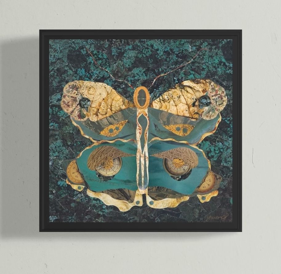 Butterfly art, teal and gold colors, with intricate textures.