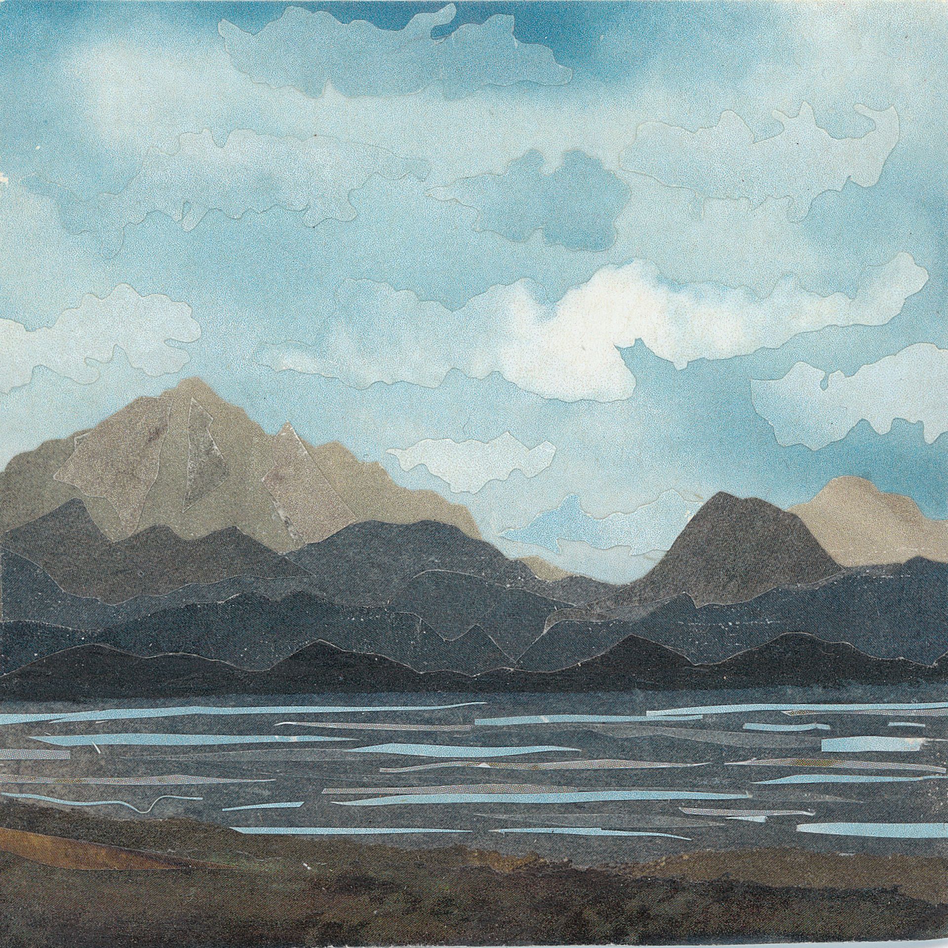 Watercolor landscape of mountains, lake, and cloudy sky; cool color palette.