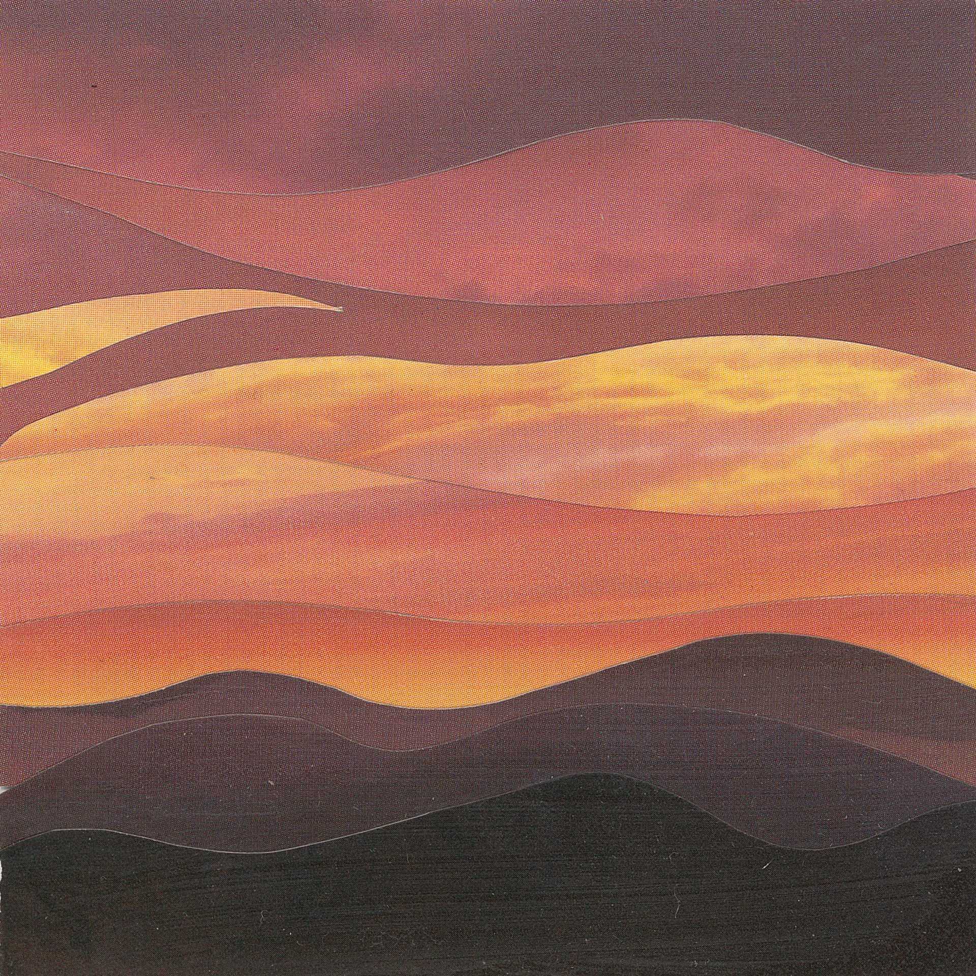Quilted landscape, sunset hues: deep purple to orange, layered hills against a sunset sky.