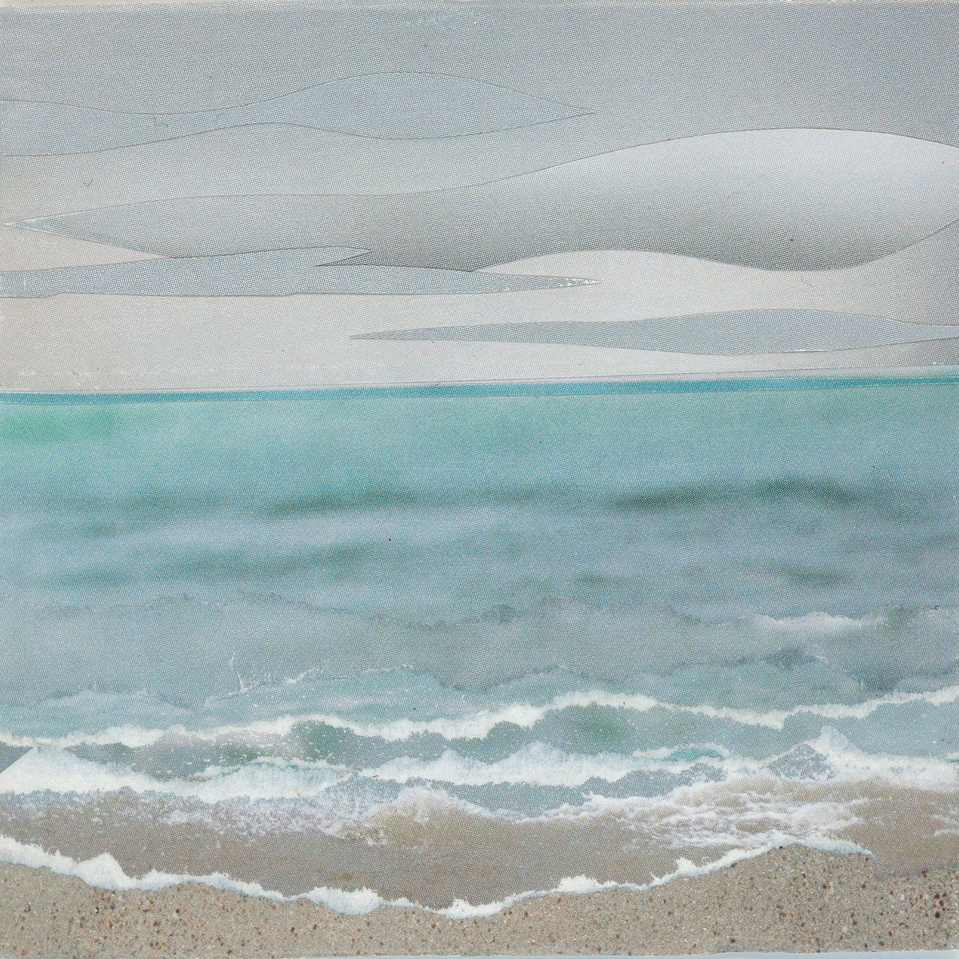 Ocean view with waves crashing on a sandy beach under a cloudy, overcast sky; shades of blue and gray.
