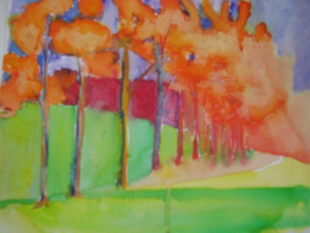 Orange trees with tall, thin trunks on a green field, with a red building, blue and purple sky.