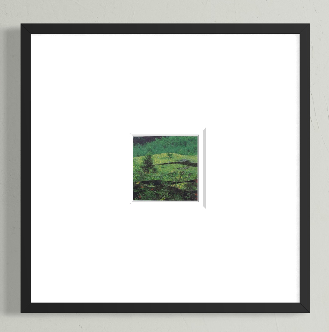 Green landscape with layered, grassy hills and dense foliage.