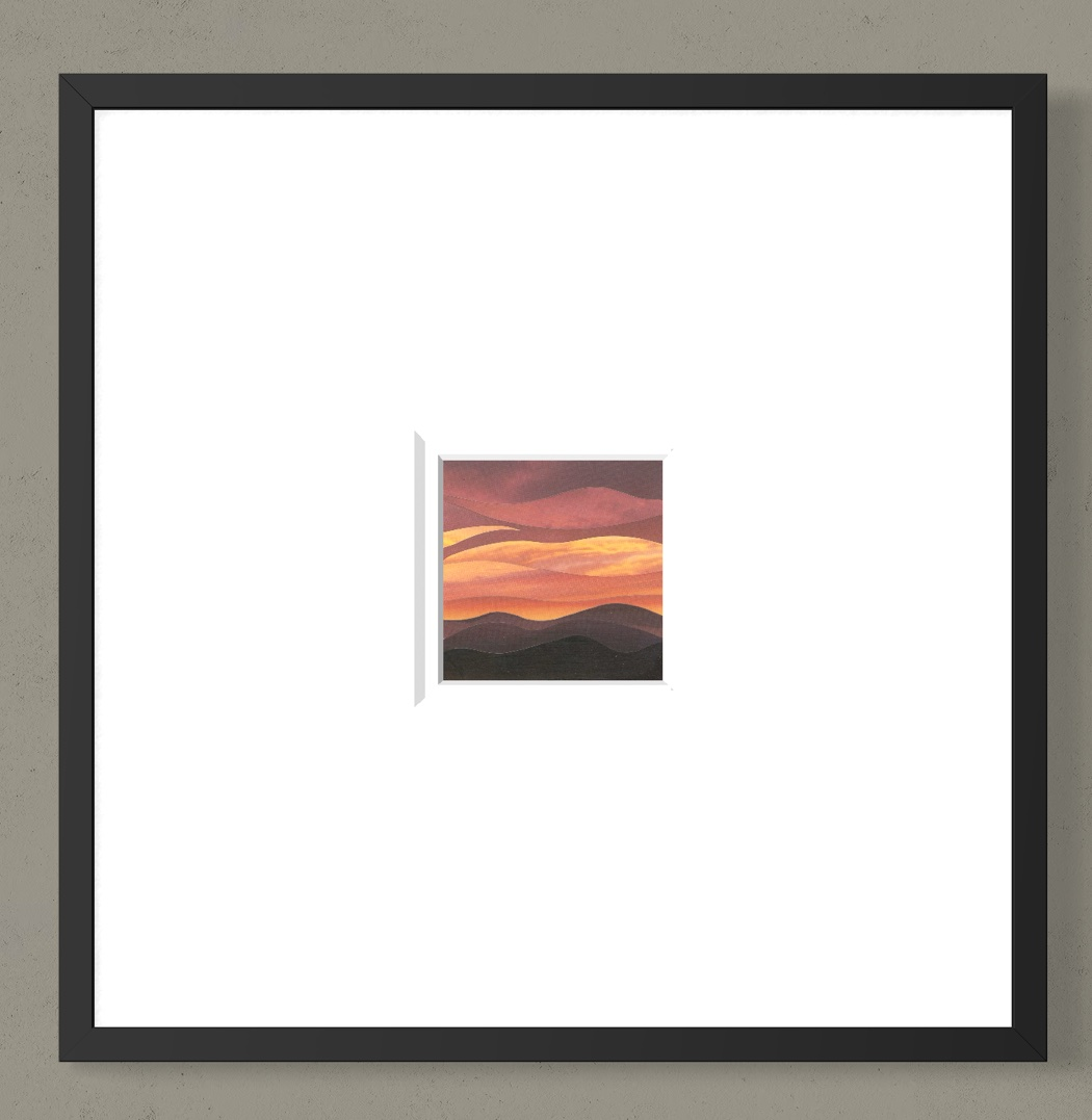 Quilted landscape, sunset hues: deep purple to orange, layered hills against a sunset sky.