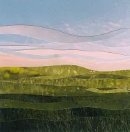 A painting of a field with mountains in the background