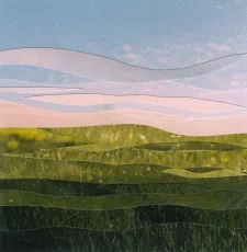 A painting of a field with mountains in the background