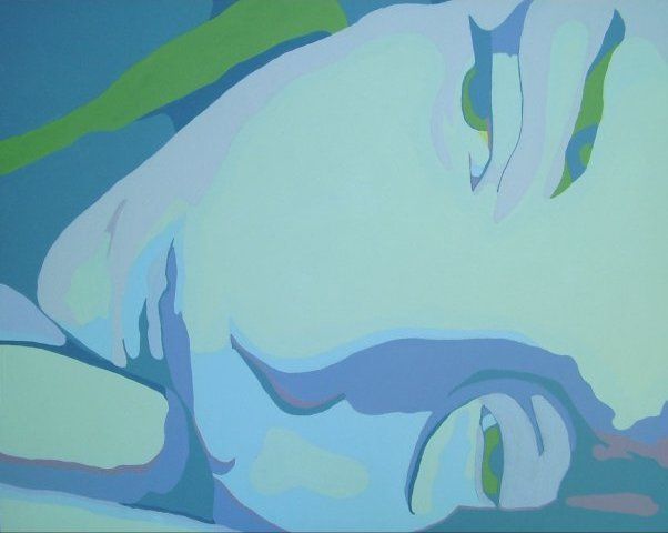Close-up of a person's face, primarily blue and green tones, eyes closed.