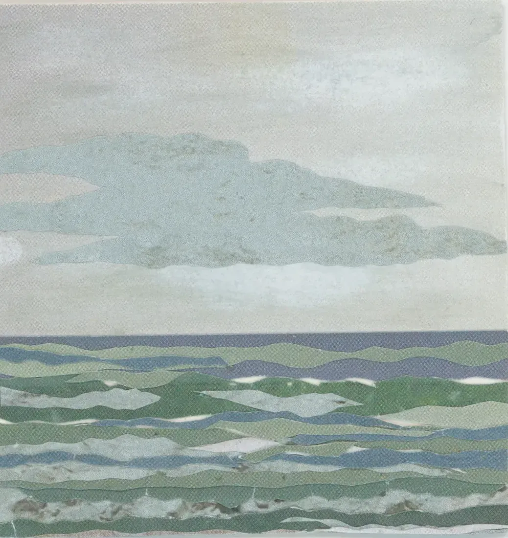 A painting of the ocean with clouds in the sky