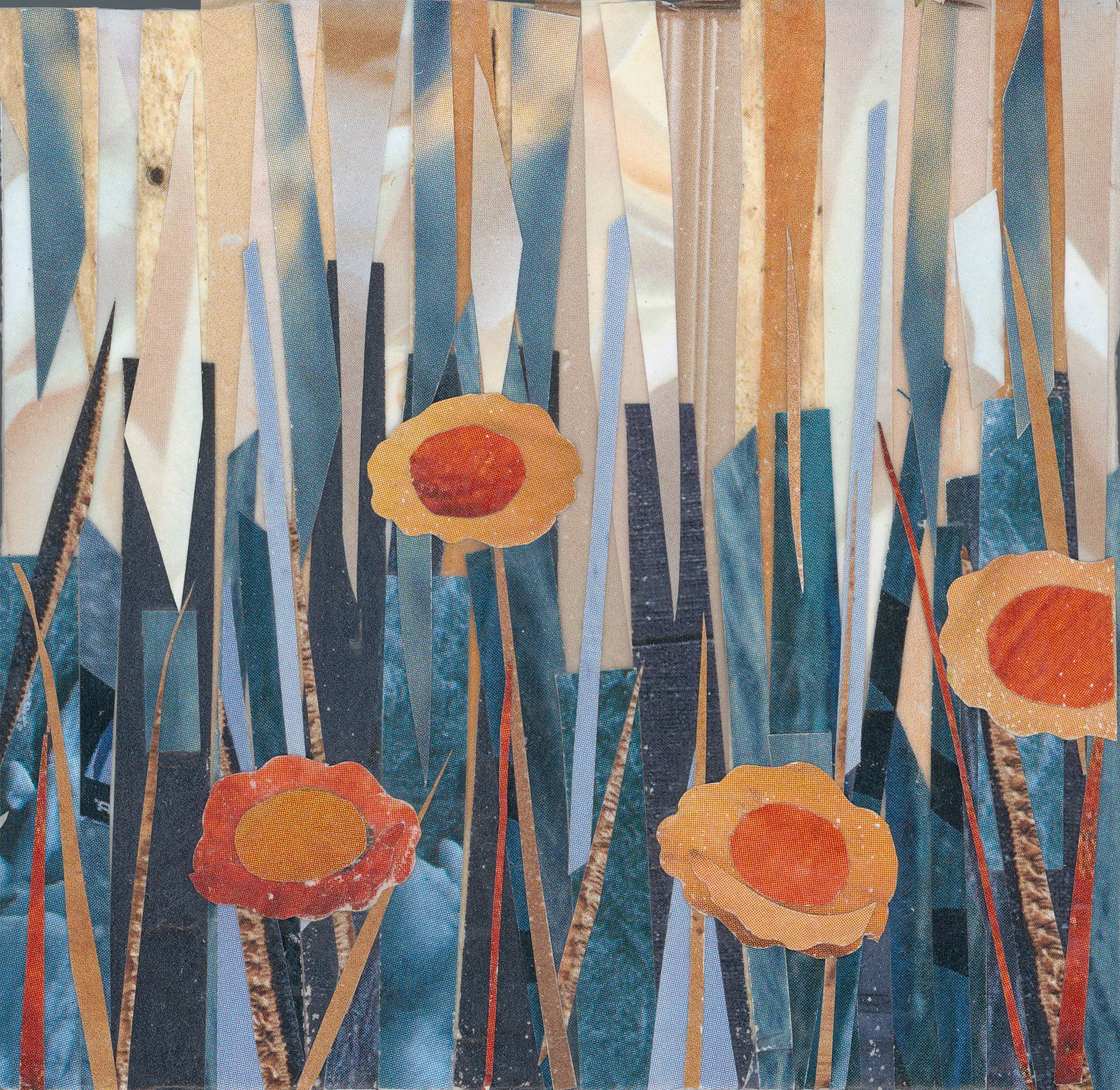 Collage of flowers with orange centers and beige petals amidst layered beige and blue textured strips.