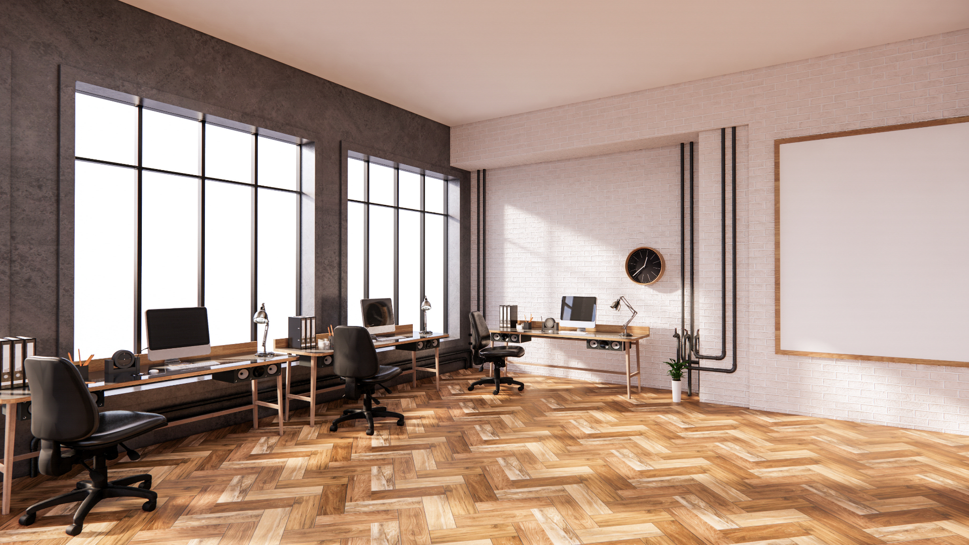 An empty modern office space with large windows, wooden floors, and desks with chairs.